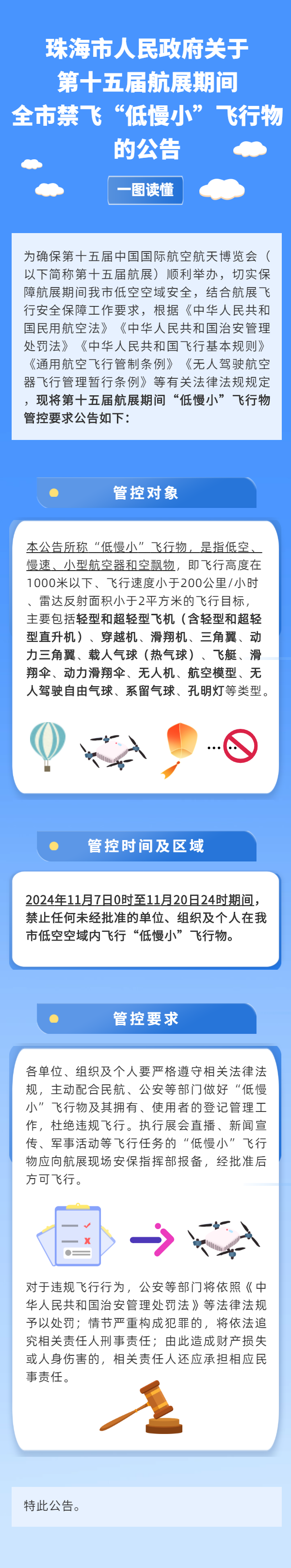 珠海市人民政府關(guān)于第十五屆航展期間全市禁飛“低慢小”飛行物的公告 (1).png