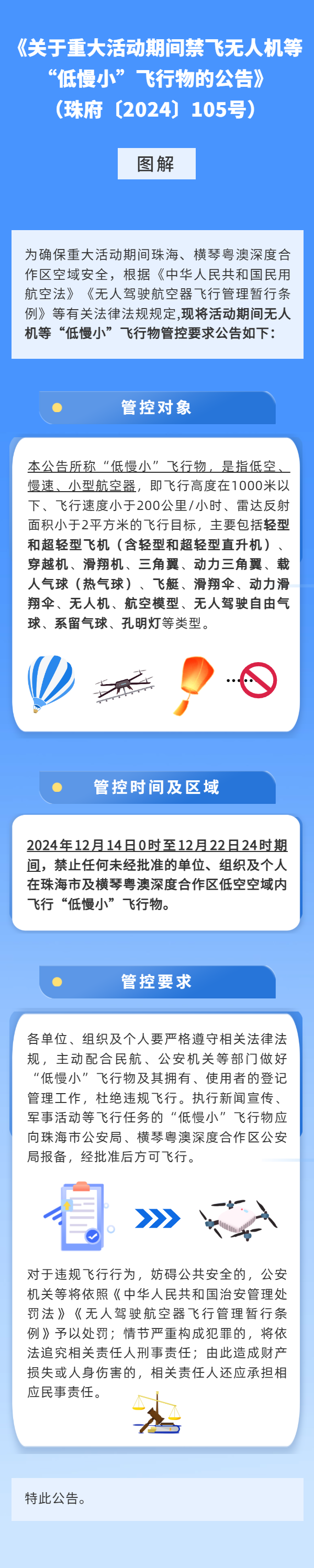 珠海市人民政府 廣東省人民政府橫琴粵澳深度合作區(qū)工作辦公室關于重大活動期間禁飛無人機等“低慢小”飛行物的公告（珠府〔2024〕105號）.png